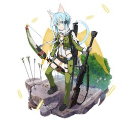 Rule 34 | 10s, 1girl, animal ears, anti-materiel rifle, arrow (projectile), belt, black gloves, black shorts, blue eyes, blue hair, bolt action, bow (weapon), breasts, bullet, cat ears, cat tail, cleavage, fingerless gloves, full body, gloves, green jacket, green legwear, gun, hair ornament, hairclip, heart, holding, holding gun, holding weapon, jacket, leotard, looking at viewer, pgm hecate ii, rifle, scarf, short hair with long locks, short shorts, shorts, sidelocks, simple background, sinon, sinon (sao-alo), small breasts, smile, sniper rifle, solo, standing, sword art online, tail, thigh strap, transparent, transparent wings, tree, weapon, white background, white scarf, wings, zipper