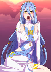 Rule 34 | azura (fire emblem), blue hair, breasts, dress, fire emblem, fire emblem fates, highres, jewelry, long hair, looking at viewer, necklace, nintendo, open mouth, sexually suggestive, small breasts, veil, yellow eyes, yuguraniru