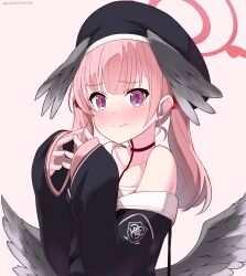 Rule 34 | 1girl, beret, black hat, black shirt, blue archive, blush, closed mouth, collarbone, commentary request, embarrassed, halo, hat, head wings, highres, hiroshi (hunter-of-kct), koharu (blue archive), long hair, long sleeves, low wings, own hands together, pink background, pink hair, pink halo, purple eyes, shirt, simple background, single bare shoulder, sleeves past wrists, solo, tattoo, twintails, upper body, wings