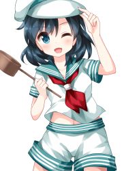 Rule 34 | 1girl, ascot, blue eyes, blue hair, cowboy shot, hand on headwear, hat, highres, hishaku, holding, looking at viewer, murasa minamitsu, navel, one eye closed, open mouth, red ascot, ruu (tksymkw), sailor collar, sailor hat, shirt, short hair, short sleeves, shorts, simple background, smile, solo, standing, touhou, v-shaped eyebrows, white background, white hat, white shirt, white shorts