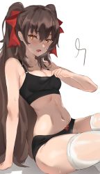 Rule 34 | arm support, bare arms, bare shoulders, black bra, black panties, bow, bra, breasts, brown eyes, brown hair, cleavage, girls&#039; frontline, hair bow, highres, long hair, looking at viewer, medium breasts, midriff, navel, open mouth, panties, red bow, sabashi, simple background, sitting, solo, sweat, thighhighs, thighs, two side up, type 97 (girls&#039; frontline), underwear, underwear only, very long hair, white background, white thighhighs