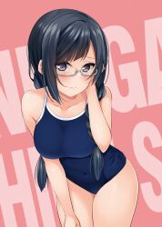 Rule 34 | 1girl, text background, black eyes, black hair, blush, braid, breasts, closed mouth, collarbone, commentary, competition school swimsuit, covered navel, cowboy shot, tucking hair, hand on own thigh, highres, hino minato (spec.c), large breasts, leaning forward, light smile, long hair, looking at viewer, love live!, love live! nijigasaki high school idol club, nakagawa nana, red background, school swimsuit, solo, swimsuit, tsurime, twin braids, yuuki setsuna (love live!)