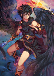 Rule 34 | 1boy, ancient greek clothes, angel wings, armlet, aurora rokudo, black hair, bracer, brown eyes, chiton, dark pit, gradient background, greco-roman clothes, highres, holding, holding weapon, kid icarus, kid icarus uprising, laurel crown, looking at viewer, male focus, nintendo, outdoors, sandals, sky, solo, toga, weapon, wings