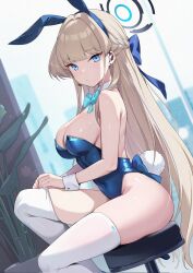 Rule 34 | 1girl, animal ears, aqua bow, aqua bowtie, azuki yui, bare shoulders, blonde hair, blue archive, blue eyes, blue halo, blue leotard, blush, bow, bowtie, braid, breasts, cleavage, closed mouth, detached collar, earpiece, fake animal ears, french braid, from side, hair ornament, halo, highleg, highleg leotard, highres, large breasts, leotard, long hair, looking at viewer, looking to the side, medium breasts, playboy bunny, rabbit ears, rabbit tail, sitting, solo, stool, tail, thighhighs, thighs, toki (blue archive), toki (bunny) (blue archive), white thighhighs, wrist cuffs
