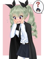 Rule 34 | 1girl, ?, anchovy (girls und panzer), anzio school uniform, belt, beret, black belt, black cape, black hair, black hat, black neckwear, black ribbon, black skirt, blush, blush stickers, braid, cape, commentary request, cowboy shot, dress shirt, drill hair, flying sweatdrops, frown, girls und panzer, green hair, hair ribbon, hands on own face, hat, highres, leaning forward, long hair, long sleeves, miniskirt, necktie, open mouth, pantyhose, partial commentary, pepperoni (girls und panzer), pink background, pleated skirt, red eyes, ribbon, ruka (piyopiyopu), school uniform, shirt, side braid, skirt, solo focus, spoken question mark, standing, twin drills, twintails, white pantyhose, white shirt