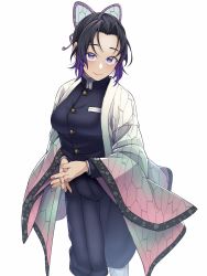 Rule 34 | 1girl, animal print, black hair, black jacket, black pants, blush, breasts, butterfly hair ornament, butterfly print, buttons, closed mouth, commentary, eyelashes, feet out of frame, gakuran, gradient hair, hair ornament, half updo, haori, highres, jacket, japanese clothes, kimetsu no yaiba, kobaji, kochou shinobu, lips, long sleeves, looking at viewer, medium breasts, multicolored hair, own hands clasped, own hands together, pants, parted bangs, purple eyes, purple hair, school uniform, short hair, simple background, smile, solo, two-tone hair, white background