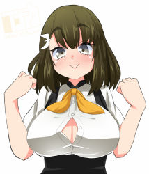 Rule 34 | 10s, 1girl, :&gt;, breasts, brown eyes, brown hair, cleavage, dated, gatchaman crowds, ichinose hajime, inaka keikou, large breasts, open clothes, short hair, signature, simple background, solo, white background