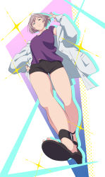Rule 34 | 1girl, absurdres, arm up, black footwear, black shorts, blue eyes, breasts, casual, from below, grey jacket, gridman universe, hand on own hip, highres, jacket, large breasts, light brown hair, looking at viewer, looking down, mujina, off shoulder, open clothes, open jacket, parted lips, peeqaboo, purple shirt, sandals, shirt, short hair, short shorts, shorts, solo, ssss.dynazenon, thighs, walking