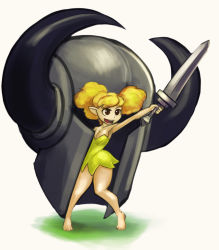 Rule 34 | 1girl, barefoot, big hair, blonde hair, breasts, brown eyes, cleavage, dragon&#039;s crown, dress, fairy, fake horns, green dress, helmet, horned helmet, horns, long hair, mini person, minigirl, pointy ears, solo, strapless, strapless dress, sword, tiki (dragon&#039;s crown), twintails, weapon, xdraws