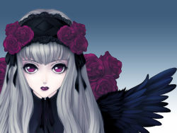 Rule 34 | 00s, 1girl, bird wings, black wings, blue background, chin strap, expressionless, feathered wings, flower, gothic lolita, gradient background, grey hair, hairband, kunishige keiichi, lace, lips, lipstick, lolita fashion, lolita hairband, long hair, looking at viewer, makeup, original, pale skin, parted lips, purple eyes, purple flower, purple rose, rose, rozen maiden, solo, suigintou, upper body, wings