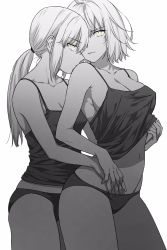 Rule 34 | 2girls, ahoge, artoria pendragon (all), artoria pendragon (fate), braid, breasts, cleavage, closed mouth, cowboy shot, fate/grand order, fate (series), french braid, greyscale, halterneck, highres, jeanne d&#039;arc (fate), jeanne d&#039;arc alter (avenger) (fate), jeanne d&#039;arc alter (fate), kiss, large breasts, lingerie, monochrome, multiple girls, nipi27, panties, ponytail, saber alter, short hair, sidelocks, silver hair, tsurime, underwear, white background, yellow eyes, yuri