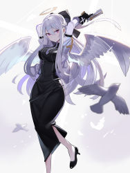 Rule 34 | 1girl, angel, angel wings, arms up, bird, black dress, black footwear, black gloves, braid, breasts, bright pupils, cross, dress, falken (yutozin), feathered wings, feathers, foot out of frame, gloves, gun, hair between eyes, halo, handgun, high heels, highres, holding, holding gun, holding weapon, jacket, juliet sleeves, large breasts, long hair, long sleeves, looking to the side, open clothes, open jacket, original, pistol, puffy sleeves, red eyes, sidelocks, solo, strapless, strapless dress, trigger discipline, tube dress, very long hair, weapon, white hair, white jacket, white pupils, white wings, wings