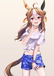 Rule 34 | 1girl, absurdres, ahoge, animal ears, blue shorts, breasts, brown hair, commentary request, copano rickey (umamusume), cowboy shot, double bun, ear covers, ear ornament, floral print, gaze on me! outfit (umamusume), grey background, hair between eyes, hair bun, hair ornament, highres, horse ears, horse girl, horse tail, long hair, looking at viewer, medium breasts, midriff, multicolored hair, navel, open mouth, pink eyes, ponpochi, shirt, short sleeves, shorts, simple background, smile, solo, streaked hair, tail, tassel, tassel hair ornament, tied shirt, umamusume, white hair, white shirt