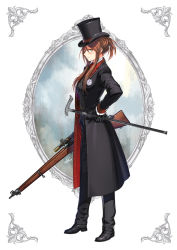 Rule 34 | 1girl, bolt action, braid, brown hair, cane, commentary request, french braid, full body, girls&#039; frontline, green eyes, gun, hat, holding, holding gun, holding weapon, kws, lee-enfield, lee-enfield (girls&#039; frontline), rifle, scope, sidelocks, sniper rifle, solo, top hat, weapon