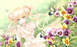 Rule 34 | 1girl, bad id, bad pixiv id, blonde hair, blue eyes, bluecat, bug, butterfly, dress, dutch angle, earrings, flower, flute, hair ribbon, insect, instrument, jewelry, long hair, original, pansy, pink flower, pink pansy, purple flower, purple pansy, ribbon, solo, twintails, yellow flower, yellow pansy
