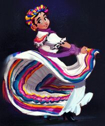 Rule 34 | 1girl, black hair, blue eyeshadow, commentary, dancing, dress, english commentary, eyeshadow, hair ornament, highres, long dress, makeup, mexican clothes, mexican dress, mexico, multicolored clothes, original, smile, solo, the awesombrosos, thick eyebrows, white dress