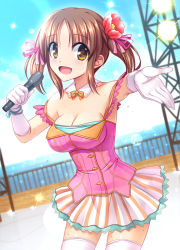 Rule 34 | 10s, 1girl, bare shoulders, blush, breasts, brown eyes, brown hair, cleavage, detached collar, dress, flower, gloves, hair flower, hair ornament, idolmaster, idolmaster cinderella girls, large breasts, lens flare, lights, microphone, music, open mouth, outstretched arm, outstretched hand, singing, skirt, smile, solo, stage, stage lights, sweat, thighhighs, totoki airi, totokichi, twintails, water, zettai ryouiki