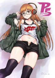Rule 34 | 10s, 1girl, arm up, artist name, bare shoulders, black-framed eyewear, black shorts, black thighhighs, breasts, brown eyes, buttons, cleavage, closed mouth, collarbone, copyright name, eyebrows, from below, fur collar, fur trim, glasses, green jacket, grey background, groin, head tilt, headphones, inu (aerodog), jacket, jacket off shoulders, light smile, long hair, long sleeves, looking at viewer, looking down, medium breasts, midriff, navel, off-shoulder shirt, off shoulder, open clothes, open fly, open jacket, orange hair, persona, persona 5, round eyewear, sakura futaba, shirt, short shorts, shorts, simple background, solo, standing, stomach, thighhighs, underwear, unzipped, very long hair, white shirt, zipper