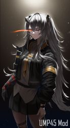 Rule 34 | 1girl, black jacket, character name, closed mouth, feet out of frame, girls&#039; frontline, grey hair, grey skirt, highres, jacket, long hair, looking at viewer, mechanical arms, mod3 (girls&#039; frontline), necktie, one eye closed, open clothes, open jacket, red eyes, saturndxy, scar, scar across eye, scar on face, shirt, side ponytail, simple background, single mechanical arm, skirt, solo, standing, ump45 (girls&#039; frontline), ump45 (mod3) (girls&#039; frontline), watch, white shirt, yellow necktie