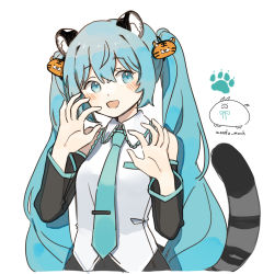 Rule 34 | 1girl, animal ears, artist logo, artist name, black sleeves, blue eyes, blue hair, blue necktie, blush, breast pocket, chinese zodiac, claw pose, collared shirt, commentary, detached sleeves, english commentary, hatsune miku, highres, long hair, looking at viewer, necktie, open mouth, paw print, pocket, shirt, simple background, sleeveless, sleeveless shirt, smile, solo, tail, tie clip, tiger ears, tiger hair ornament, tiger tail, twintails, upper body, vocaloid, wandu mook, white background, white shirt, year of the tiger