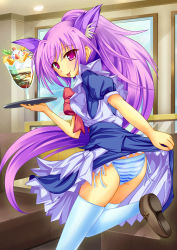 Rule 34 | 1girl, :p, animal ears, blue panties, blush, bow, cat ears, cat girl, female focus, from behind, goromu, highres, indoors, leg lift, long hair, looking at viewer, maid, original, panties, pantyshot, parfait, pink eyes, ponytail, purple hair, solo, striped clothes, striped panties, thighhighs, tongue, tongue out, tray, underwear, upskirt, very long hair, waitress