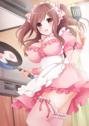 Rule 34 | 1girl, :d, apron, asahina mikuru, blush, breasts, bridal garter, brown eyes, brown hair, buttons, cleavage, cooking, covered erect nipples, curtains, egg (food), eyelashes, female focus, food, frilled thighhighs, frills, from below, frying pan, highres, indoors, large breasts, long hair, maid, maid apron, maid headdress, moe2015, nanairo fuuka, open mouth, original, pink thighhighs, sidelocks, smile, solo, spatula, standing, sunny side up egg, thighhighs, thighs, twintails, window, zettai ryouiki