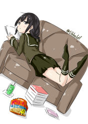 Rule 34 | 10s, 1girl, :&lt;, bad id, bad twitter id, black eyes, black hair, blush, book, brown skirt, couch, cup, drinking glass, drinking straw, dutch angle, ebifurya, full body, highres, holding, holding book, ice, ice cube, inactive account, kantai collection, kitakami (kancolle), kneehighs, long sleeves, looking at viewer, lying, no shoes, on stomach, pleated skirt, school uniform, serafuku, sidelocks, simple background, skirt, snack, socks, solo, the pose, twitter username, white background