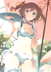 Rule 34 | &gt;:&lt;, 1girl, :&lt;, :c, angry, aqua bikini, backlighting, bikini, black bikini, blush, bow, bow bikini, breasts, bridal garter, brown hair, cameltoe, cleavage, closed mouth, contrapposto, covering privates, covering breasts, cowboy shot, cup, detached collar, drinking glass, drinking straw, frilled bikini, frills, from below, green eyes, grey eyes, hair ribbon, highres, looking at viewer, maid, maid bikini, maid headdress, moe2015, navel, original, parasol, ribbon, short hair, solo, standing, sunlight, swimsuit, thigh strap, tray, twintails, two side up, umbrella, unconventional maid, v-shaped eyebrows, yoshino ryou