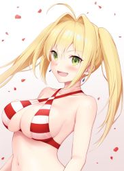 Rule 34 | 1girl, :d, ahoge, bikini, blonde hair, blush, breasts, chacharan, cleavage, criss-cross halter, dutch angle, earrings, fate/grand order, fate (series), gradient background, green eyes, hair intakes, halterneck, highres, jewelry, large breasts, looking at viewer, navel, nero claudius (fate), nero claudius (fate) (all), nero claudius (swimsuit caster) (fate), open mouth, petals, sidelocks, simple background, smile, solo, striped bikini, striped bikini top, striped clothes, swimsuit, twintails