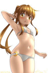 Rule 34 | 1girl, brown eyes, brown hair, cowboy shot, crescent, crescent pin, flat chest, from below, fumizuki (kancolle), kantai collection, long hair, looking at viewer, one-hour drawing challenge, ponytail, ray.s, sidelocks, simple background, solo, white background