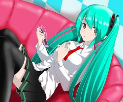 Rule 34 | 1girl, aqua hair, brown eyes, digital media player, dutch angle, earphones, hatsune miku, highres, listening to music, long hair, looking at viewer, necktie, ohjin, open mouth, red necktie, sitting, skirt, solo, thighhighs, twintails, very long hair, vocaloid, zettai ryouiki
