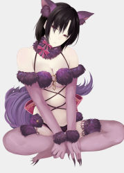 Rule 34 | 1girl, animal ears, bare shoulders, black hair, bob cut, bow, breasts, cleavage, commentary request, cosplay, elbow gloves, expressionless, fate/grand order, fate (series), fur-trimmed gloves, fur trim, gloves, hair over one eye, halloween, halloween costume, highres, indian style, kara no kyoukai, looking at viewer, mash kyrielight, mash kyrielight (dangerous beast), mash kyrielight (dangerous beast) (cosplay), mirufi-yu, official alternate costume, parted lips, pink bow, purple eyes, purple gloves, purple thighhighs, ryougi shiki, shielder (fate/grand order) (cosplay), short hair, simple background, sitting, solo, tail, thighhighs, type-moon, wolf ears, wolf tail