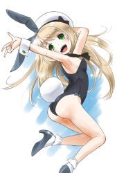Rule 34 | 1girl, animal ears, arched back, black footwear, black leotard, black neckerchief, detached collar, feet out of frame, green eyes, grey sailor collar, high heels, highres, jervis (kancolle), kantai collection, leotard, long hair, neckerchief, open mouth, playboy bunny, rabbit ears, rabbit tail, sailor collar, smile, socks, solo, strapless, strapless leotard, tail, taisinkoku, teeth, upper teeth only, white headwear, white socks, wrist cuffs