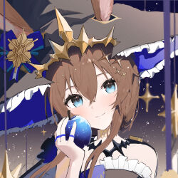 Rule 34 | 1girl, ame miya ta, amiya (arknights), animal ears, apple, arknights, bare shoulders, black hat, blue apple, blue eyes, blue hat, blush, brown hair, closed mouth, ears through headwear, food, frilled hat, frills, fruit, hair between eyes, hair ornament, hand up, hat, head tilt, highres, holding, holding food, holding fruit, jewelry, light particles, long hair, looking at viewer, portrait, rabbit ears, rabbit girl, ring, romaji commentary, sketch, smile, solo, two-sided fabric, two-sided headwear, witch hat
