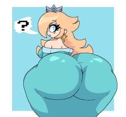 Rule 34 | 1girl, :o, ?, ass, ass focus, bent over, blonde hair, blue background, blue eyes, breasts, crown, dress, earrings, eyebrows hidden by hair, eyelashes, fawndue (heyfawdue), from behind, highres, huge ass, jewelry, large breasts, long hair, looking at viewer, looking back, mario (series), nintendo, off-shoulder dress, off shoulder, pixel art, rosalina, simple background, spoken question mark, super mario galaxy, thick thighs, thighs, wide hips