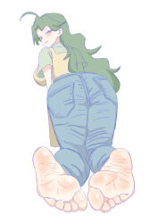 Rule 34 | 1girl, absurdres, apron, barefoot, blush, brown eyes, denim, feet, green hair, highres, jeans, long hair, looking at viewer, looking back, mature female, nush advance, original, pants, parted lips, soles, toes