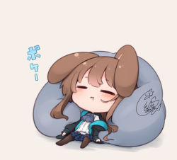 Rule 34 | 1girl, = =, amiya (arknights), animal ears, arknights, beni shake, black jacket, blue skirt, blush, brown background, brown hair, brown pantyhose, chibi, closed eyes, commentary request, drooling, facing viewer, female focus, hood, hood down, hooded jacket, jacket, long hair, long sleeves, no shoes, off shoulder, pantyhose, parted lips, pillow, pleated skirt, rabbit ears, saliva, shadow, shirt, signature, skirt, sleeves past wrists, solo, translation request, very long hair, white shirt