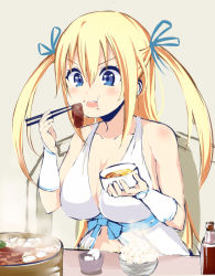 Rule 34 | 10s, 1girl, amagi brilliant park, bare shoulders, blonde hair, blue eyes, bowl, breasts, chopsticks, cleavage, eating, food, hair ribbon, highres, irohara, large breasts, long hair, meat, open mouth, ribbon, rice, sitting, solo, sukiyaki, sylphy (amaburi), twintails, two side up