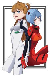 Rule 34 | 2girls, ayanami rei, ayanami rei (cosplay), back-to-back, blue eyes, blue hair, bodysuit, brown hair, commission, commissioner upload, cosplay, costume switch, cropped legs, drawfag, highres, interface headset, looking at viewer, multicolored bodysuit, multicolored clothes, multiple girls, neon genesis evangelion, pilot suit, plugsuit, red bodysuit, red eyes, souryuu asuka langley, souryuu asuka langley (cosplay), twintails, two side up, white background, white bodysuit