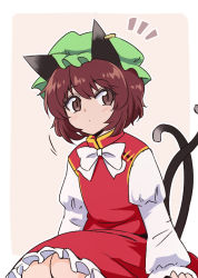 Rule 34 | 1girl, animal ears, bow, brown eyes, brown hair, cat ears, cat tail, chen, expressionless, green hat, hat, long sleeves, looking at viewer, mob cap, multiple tails, notice lines, shio (futatsumami), short hair, solo, tail, touhou, two tails