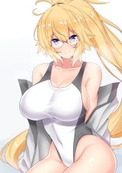 Rule 34 | 1girl, bare shoulders, blonde hair, blue eyes, blush, breasts, cleavage, closed mouth, collarbone, competition swimsuit, covered navel, fate/grand order, fate (series), glasses, grey one-piece swimsuit, hair between eyes, highleg, highleg swimsuit, highres, hip focus, jacket, jeanne d&#039;arc (fate), jeanne d&#039;arc (ruler) (fate), jeanne d&#039;arc (swimsuit archer) (fate), jeanne d&#039;arc (swimsuit archer) (second ascension) (fate), large breasts, long hair, looking at viewer, off shoulder, one-piece swimsuit, open clothes, open jacket, ponytail, sankakusui, simple background, smile, solo, swimsuit, two-tone swimsuit, very long hair, white background, white jacket, white one-piece swimsuit