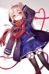 Rule 34 | 1girl, absurdres, ahoge, artoria pendragon (fate), black-framed eyewear, black thighhighs, blue skirt, braid, coat, commentary request, duffel coat, fate/grand order, fate (series), french braid, fringe trim, garter straps, glasses, hair between eyes, highres, looking at viewer, mysterious heroine x alter (fate), mysterious heroine x alter (first ascension) (fate), open clothes, open coat, plaid, plaid scarf, red scarf, sada (sadahalu), scarf, semi-rimless eyewear, skirt, thighhighs, under-rim eyewear, yellow eyes