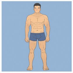 Rule 34 | 1boy, abs, amaimao, bara, blue background, blue male underwear, boxers, bulge, closed mouth, full body, highres, large pectorals, looking at viewer, male focus, male underwear, muscular, muscular male, navel, nipples, original, pectorals, short hair, solo, standing, straight-on, thick eyebrows, underwear