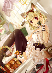 Rule 34 | 1girl, animal ears, bad id, bad pixiv id, black thighhighs, blonde hair, blush, book, cat ears, cat tail, corded phone, dutch angle, english text, funifuni, hair ribbon, high heels, highres, jewelry, kusukoni melco, legs, necklace, open book, original, phone, red eyes, ribbon, shoes, sitting, solo, tail, thighhighs, wrist cuffs