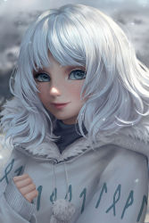 Rule 34 | 1girl, blue eyes, chuby mi, closed mouth, coat, commentary, drawstring, eyelashes, freckles, fur trim, highres, lips, long hair, long sleeves, looking at viewer, nose, original, pink lips, portrait, realistic, solo, white coat, white hair