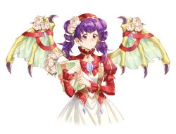 Rule 34 | 1girl, absurdres, blush, bouquet, cape, dragon girl, dragon wings, dragonstone, dress, eyebrows, fire emblem, fire emblem: the sacred stones, fire emblem heroes, flower, flower on head, gift, highres, jewelry, long hair, looking at viewer, multi-tied hair, myrrh (fire emblem), nintendo, purple hair, red eyes, ribbon, short hair, simple background, smile, solo, tecchen, twintails, wings, yellow wings