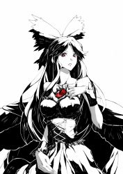 Rule 34 | 1girl, alternate costume, bad id, bad pixiv id, bare shoulders, bow, breasts, cape, cleavage, corset, female focus, greyscale, hair bow, hand on own chest, long hair, monochrome, radiation symbol, red eyes, reiuji utsuho, scottie (phantom2), shirt, skirt, solo, spot color, symbol-shaped pupils, touhou, wings, wrist blades