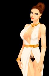 Rule 34 | black background, blue eyes, brown hair, capcom, covered erect nipples, dress, earrings, excella gionne, jewelry, lace, lingerie, mole, nesoun, panties, resident evil, resident evil 5, self-upload, solo, underwear, white dress