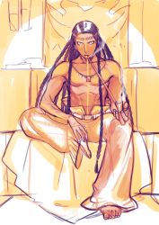 Rule 34 | 1boy, barefoot, braid, dark skin, fate/grand order, fate (series), feet, geronimo (fate), highres, jewelry, long hair, male focus, muscular, native american, necklace, smoking pipe, rokkotsu, topless male, sitting, smoking, solo, toes