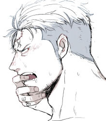 Rule 34 | 2boys, bara, blush, facial hair, finger in another&#039;s mouth, large pectorals, looking back, male focus, mature male, medium sideburns, multiple boys, nude, one piece, pectorals, portrait, profile, saliva, scar, scar on face, scar on forehead, short hair, sideburns stubble, smoker (one piece), solo focus, sparse stubble, spot color, stitches, stubble, sweat, thick neck, tongue, trafalgar law, tsurime, white hair, yamakazi47, yaoi